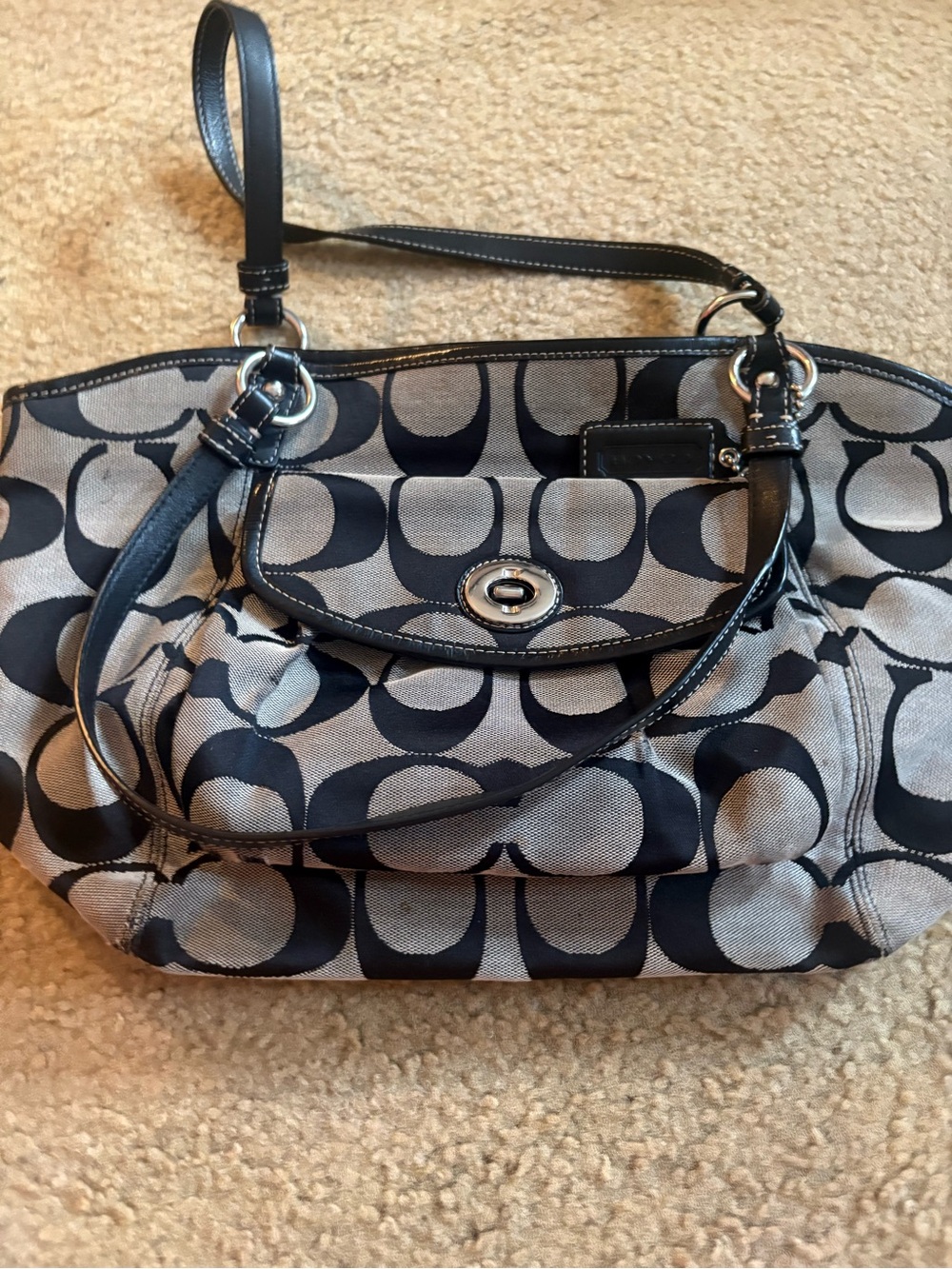 Vintage Y2K Coach F14659 Signature Black Gray Jacquard Satchel Tote Bag As Is